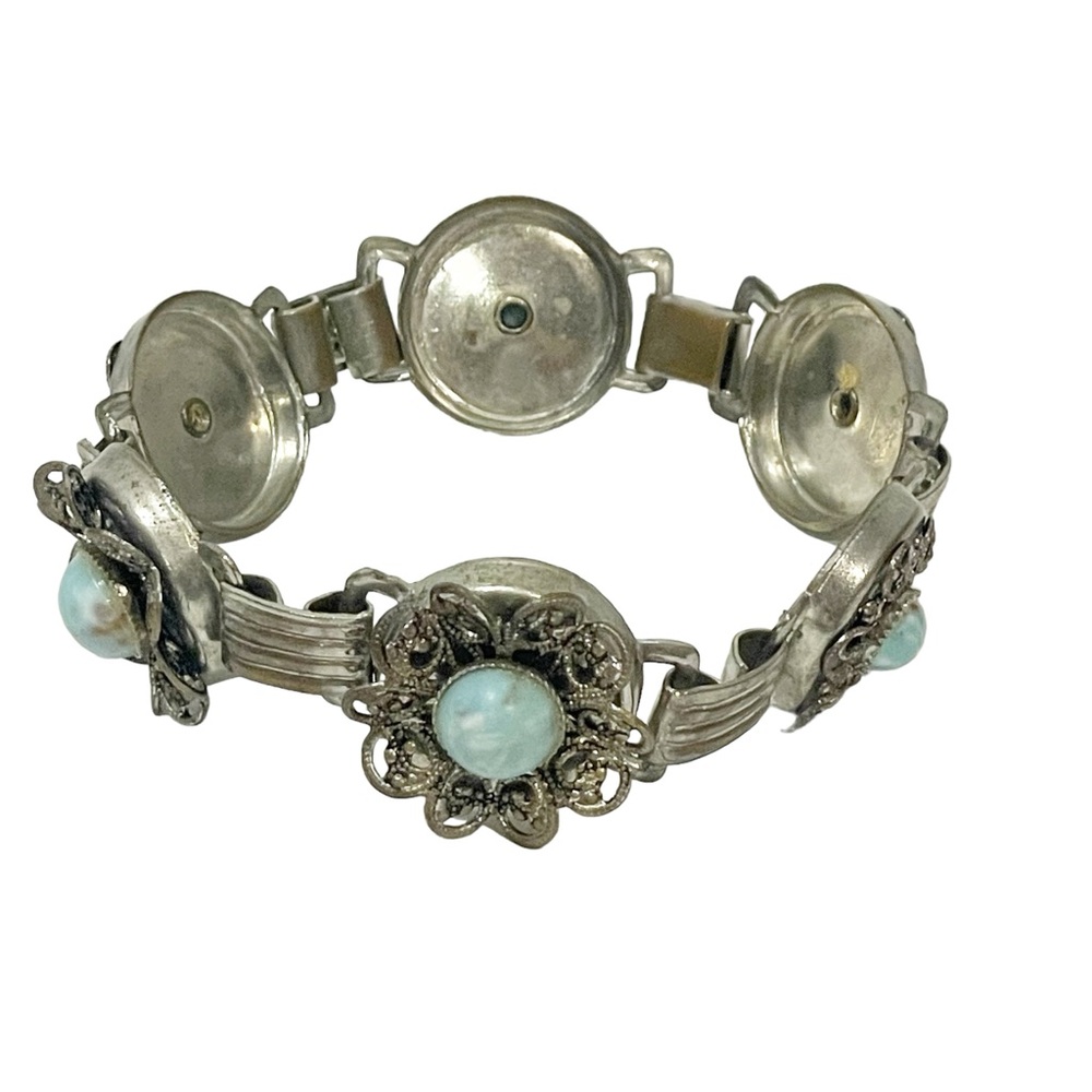Vintage Faux Turquoise Silver Tone Flower Link Bracelet‎ Jewelry